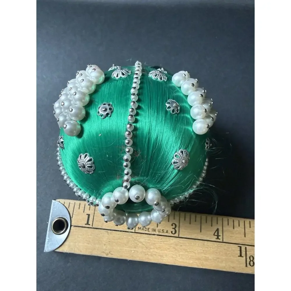 Vintage Handmade Jeweled Beaded Push Pin Green Victorian Christmas Ornament